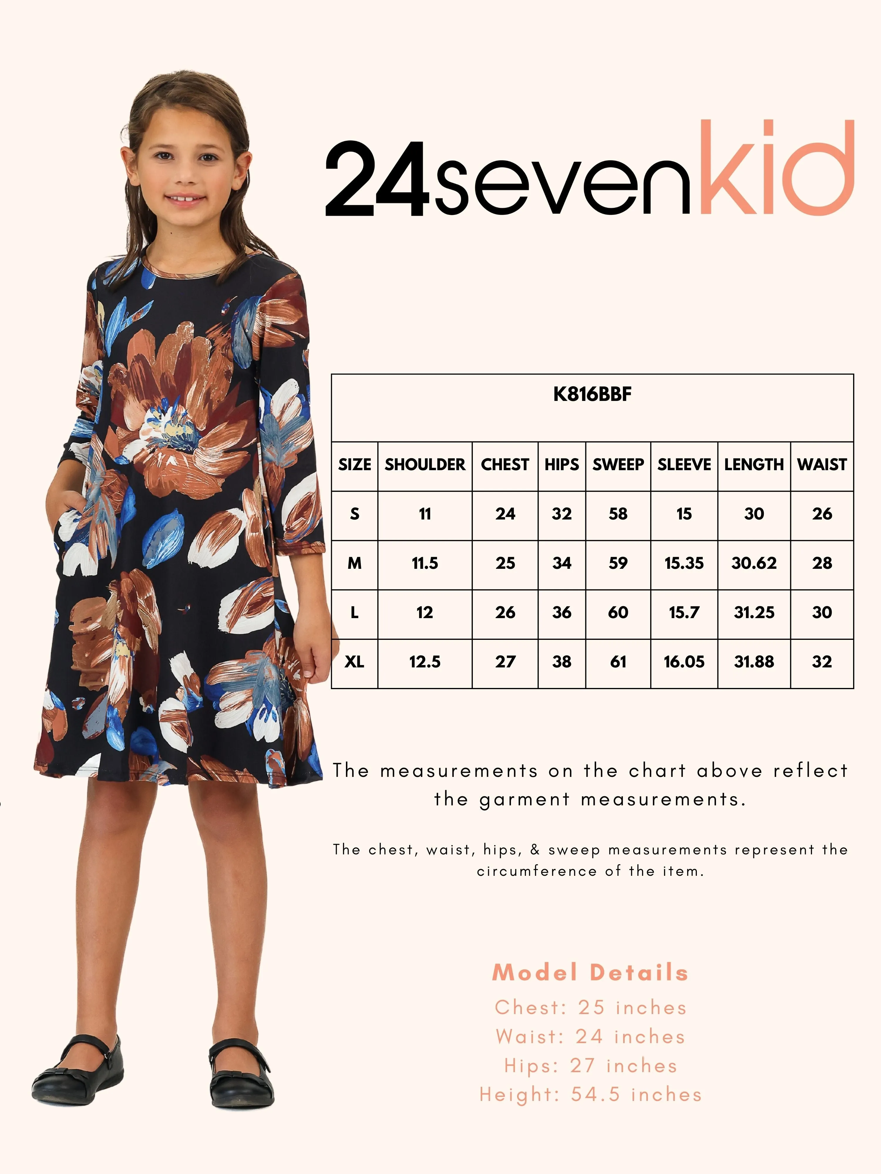 24seven Comfort Apparel Girls Long Sleeve Black Floral Knee Length Pocket Dress