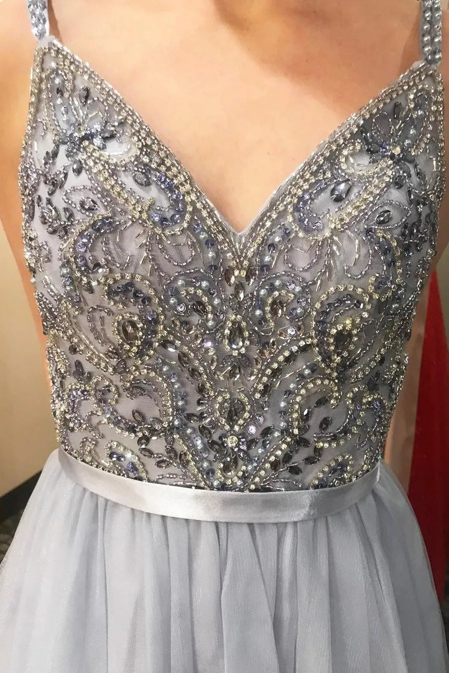 A-line V-Neck Beading Floor Length Grey Prom/Formal Dress PG995