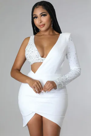 Asymmetrical Crystal Bra Long Sleeve Cutout Bodycon Party Mini Dress - White