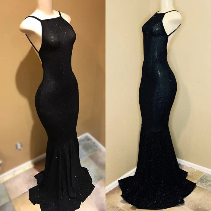 Backless black prom dress, sequins evening gowns BA9013