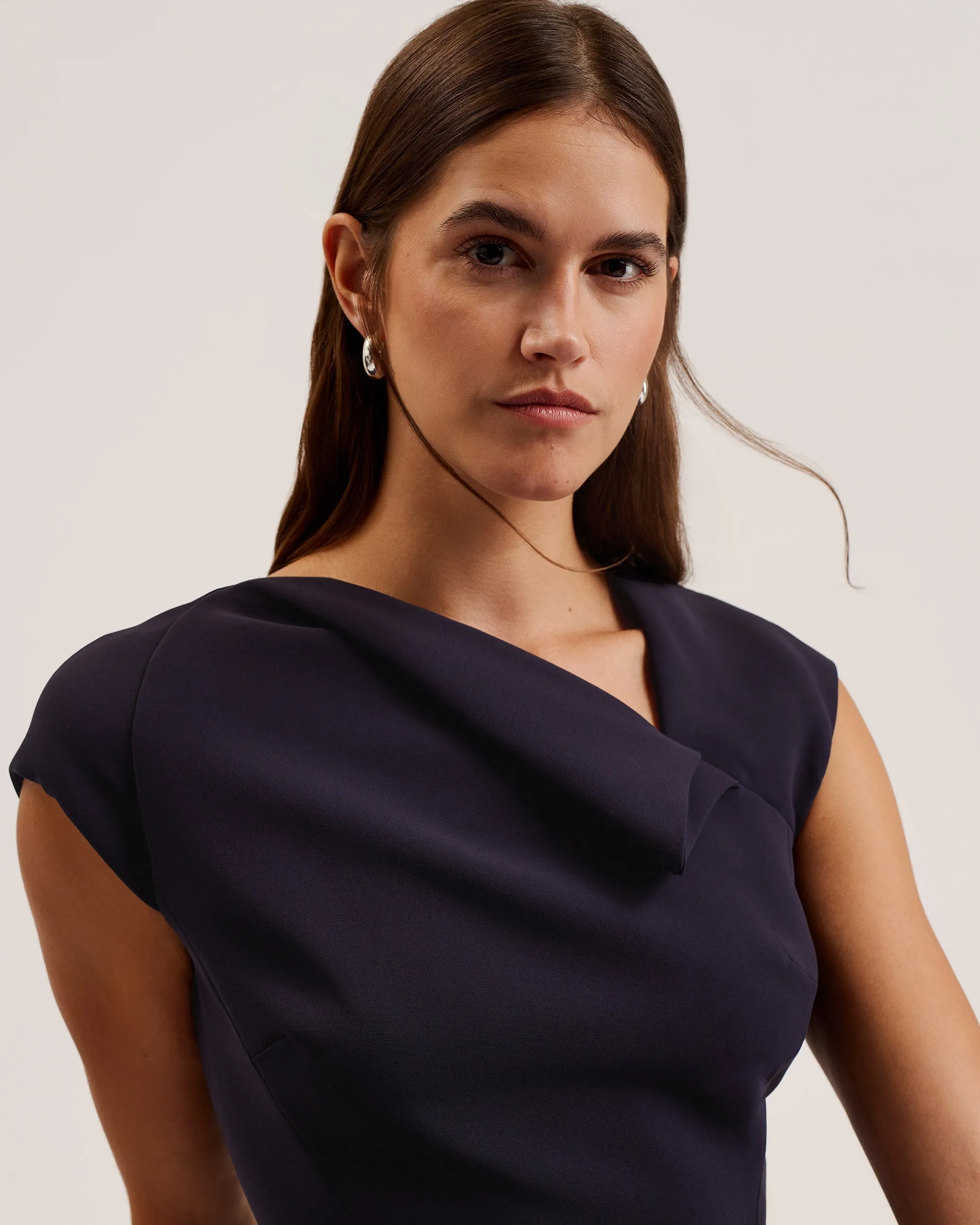 Bayree Asymmetric Folded Neckline Midi Dress Navy