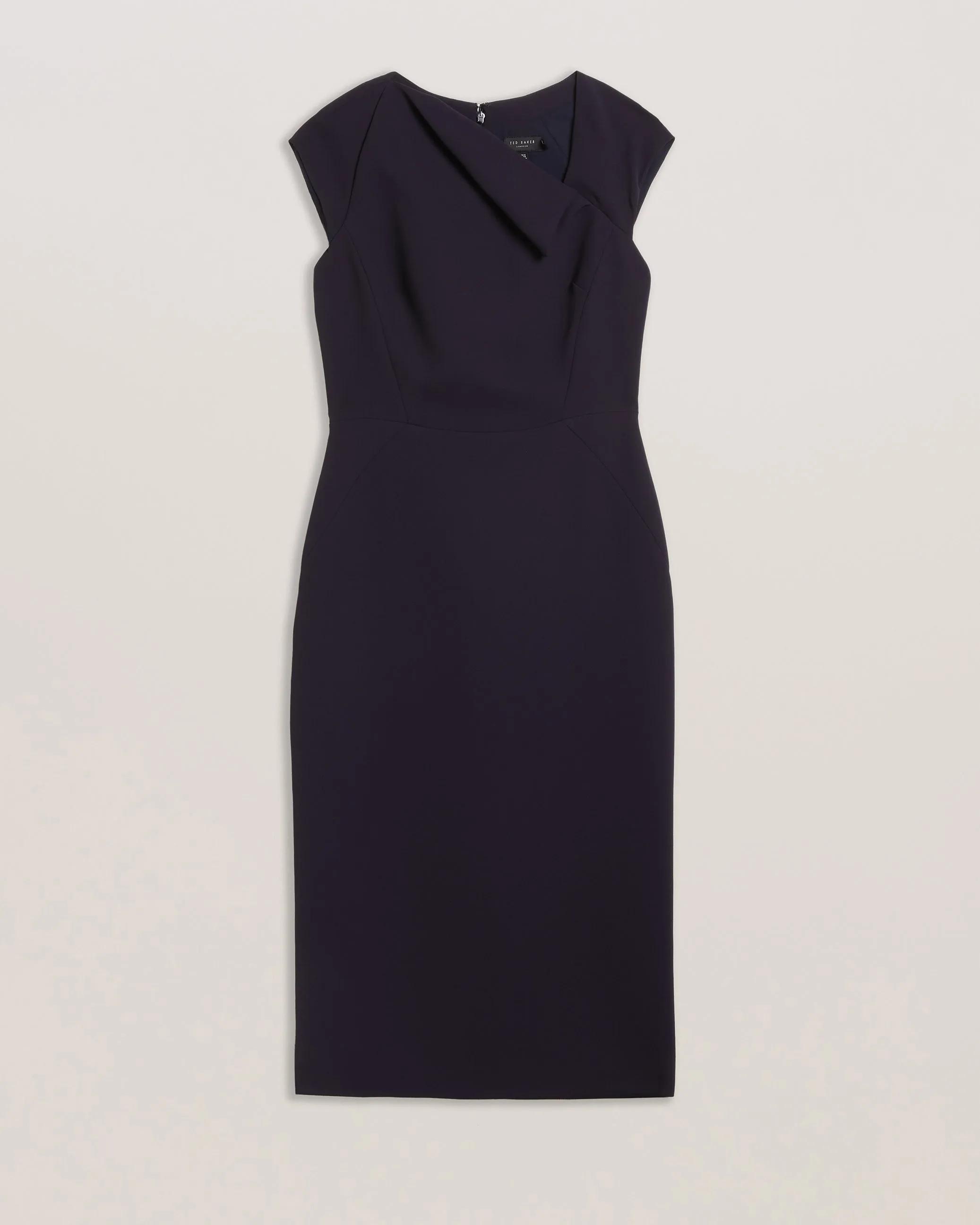 Bayree Asymmetric Folded Neckline Midi Dress Navy