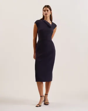 Bayree Asymmetric Folded Neckline Midi Dress Navy