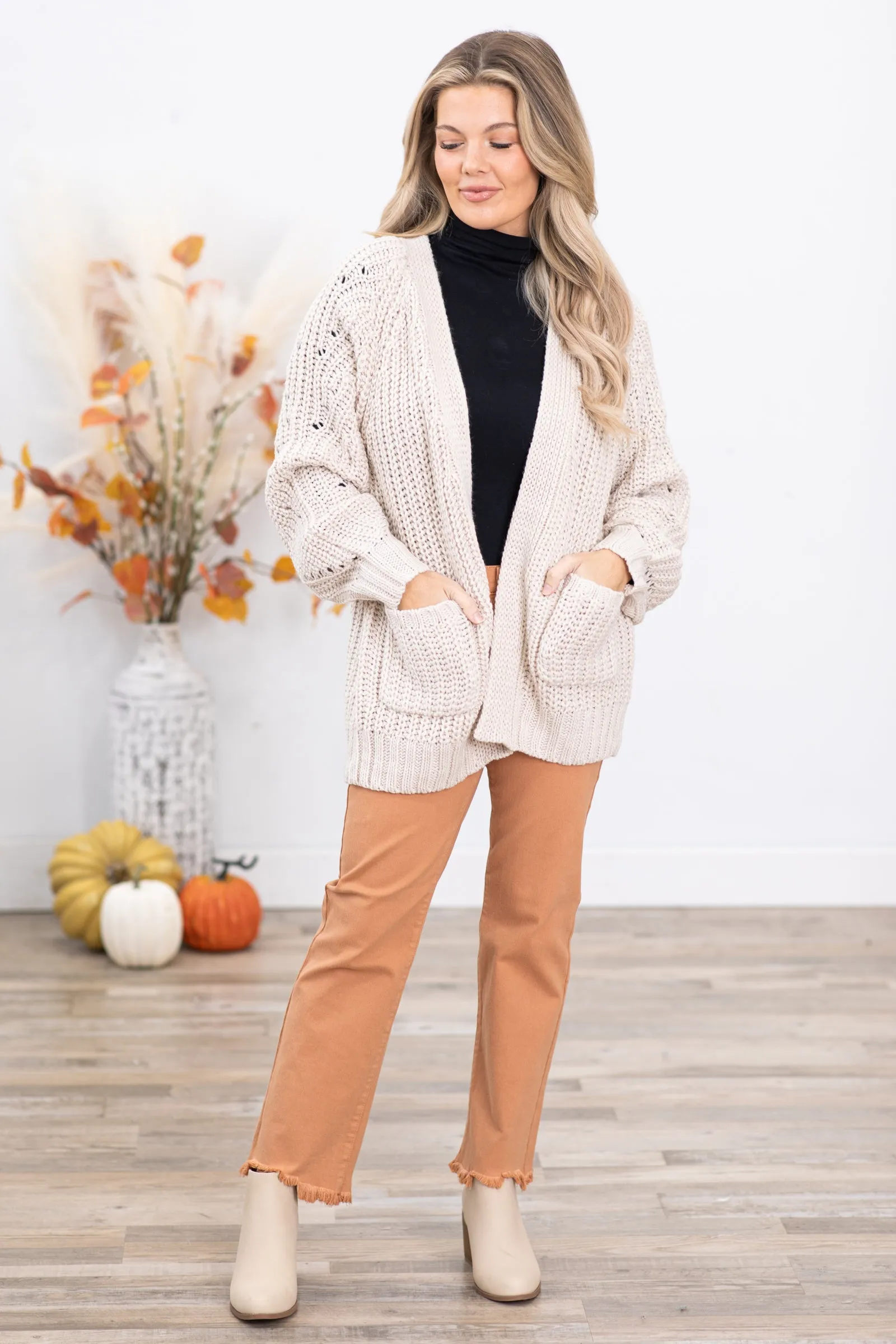 Beige Chunky Knit Cardigan With Pockets