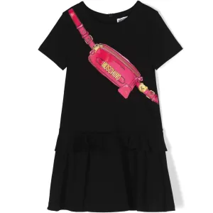 Black Dress with Belt Bag Print and Ruffle