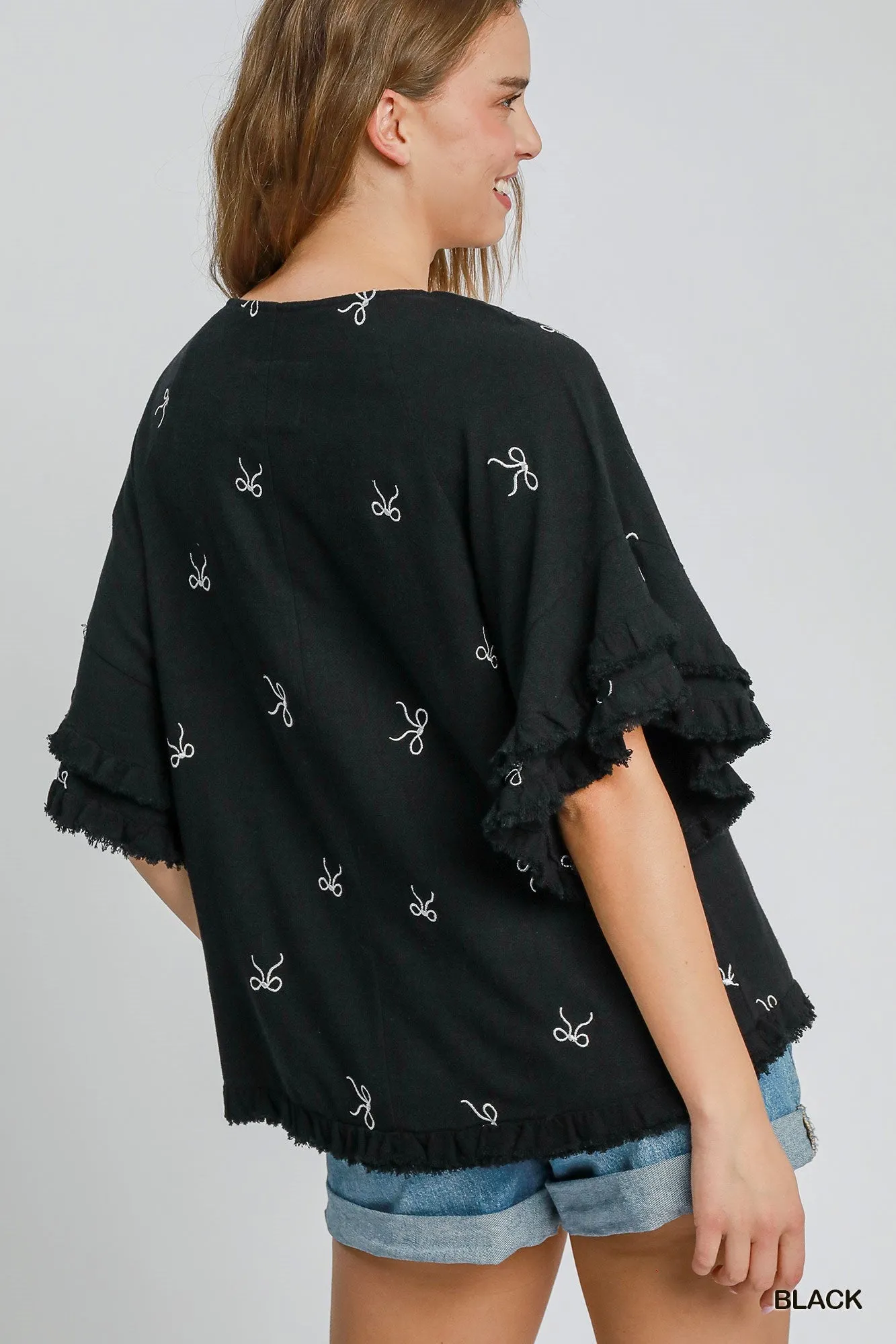 Black Linen Blend Top w/ Ribbon Embroidered Details