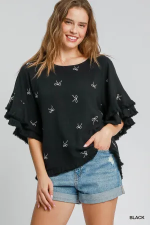 Black Linen Blend Top w/ Ribbon Embroidered Details