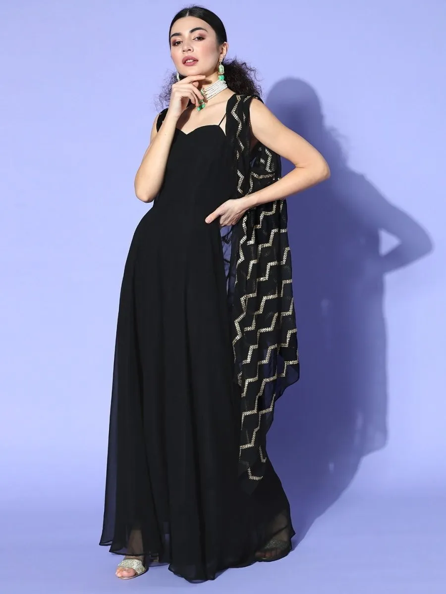 Black Solid Gown with Embroidered Jacket