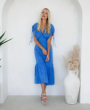 Blue Leopard Ruched Midi Dress