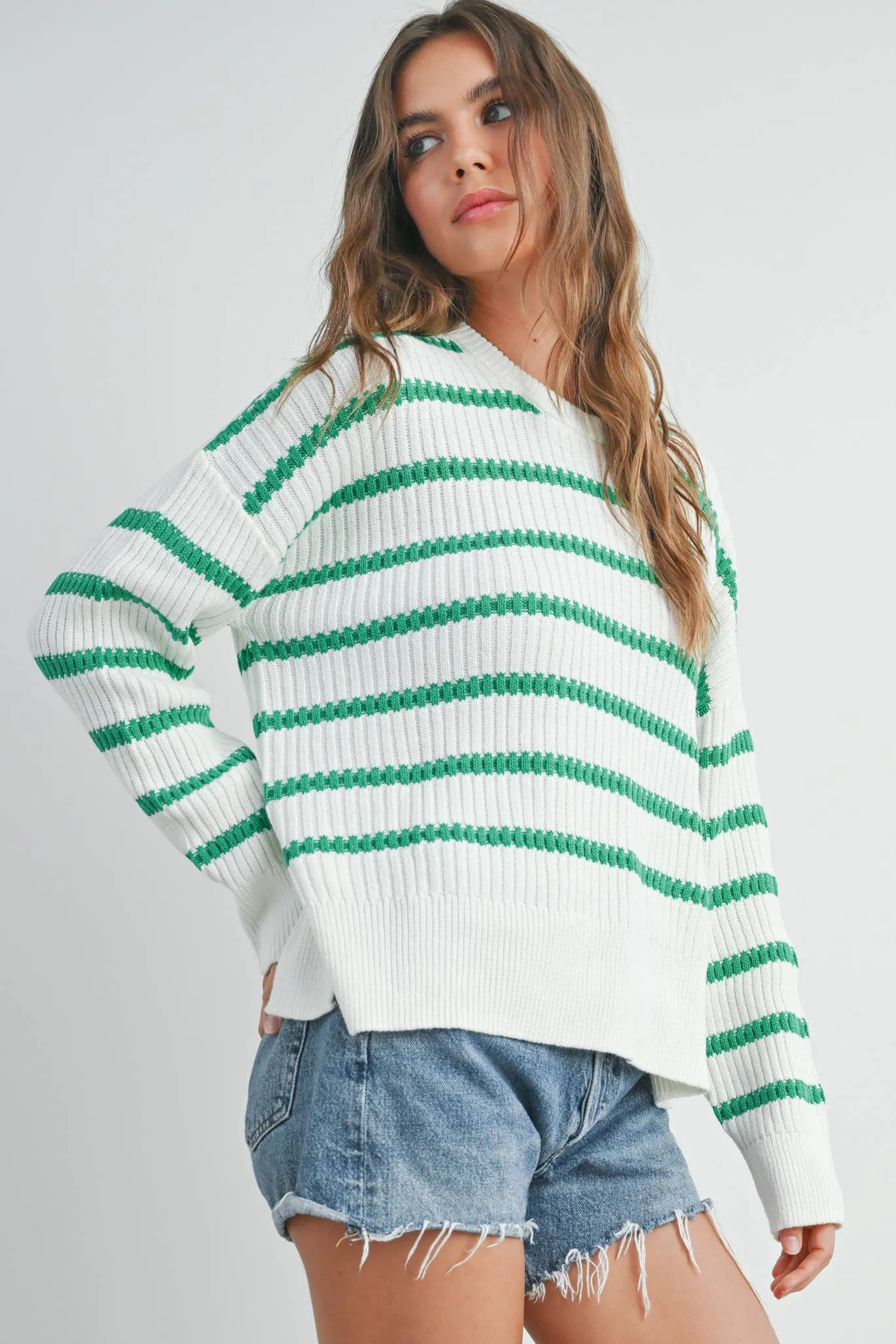 BOAT NECK STRIPED KNIT SWEATER