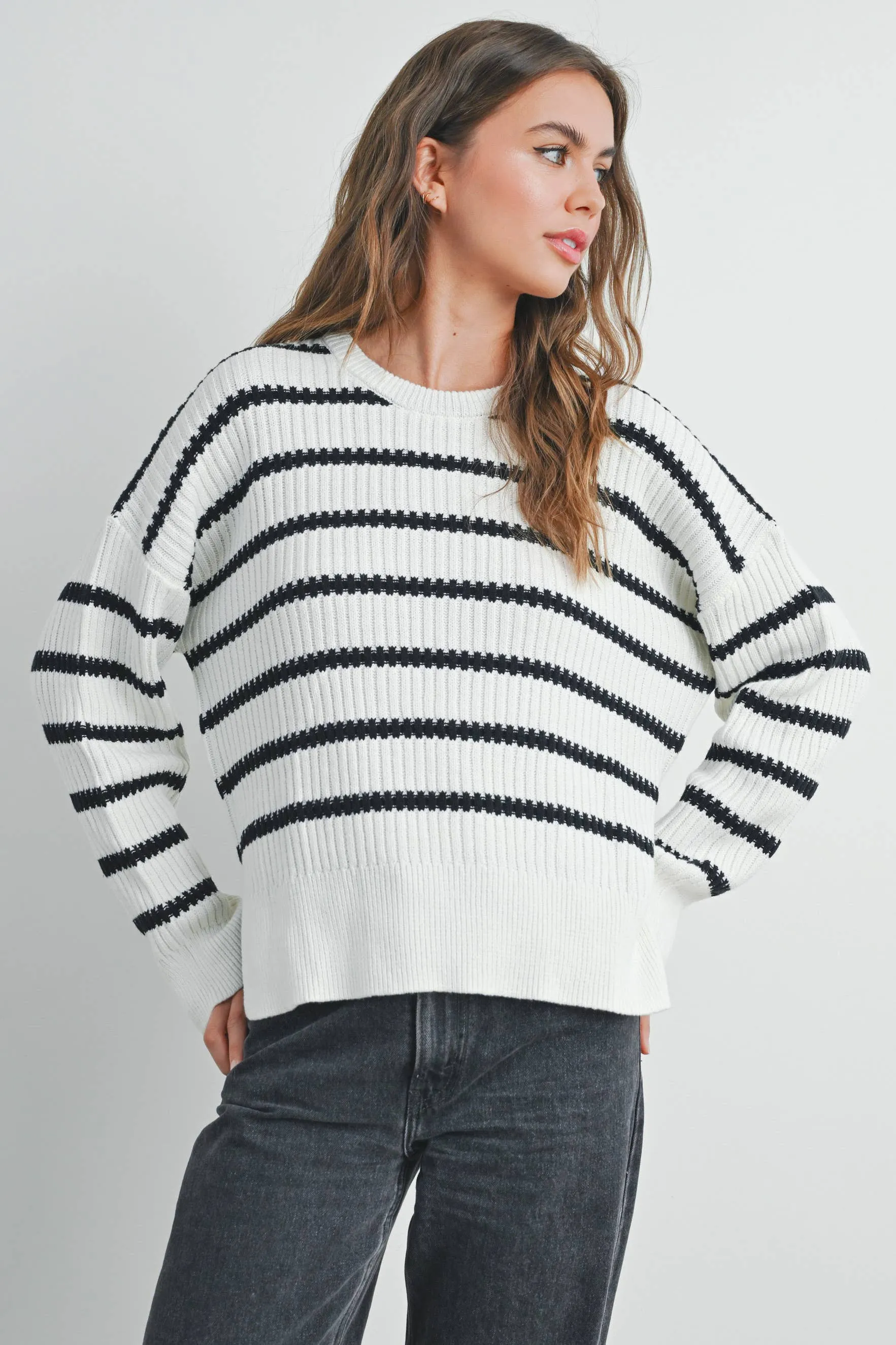 BOAT NECK STRIPED KNIT SWEATER