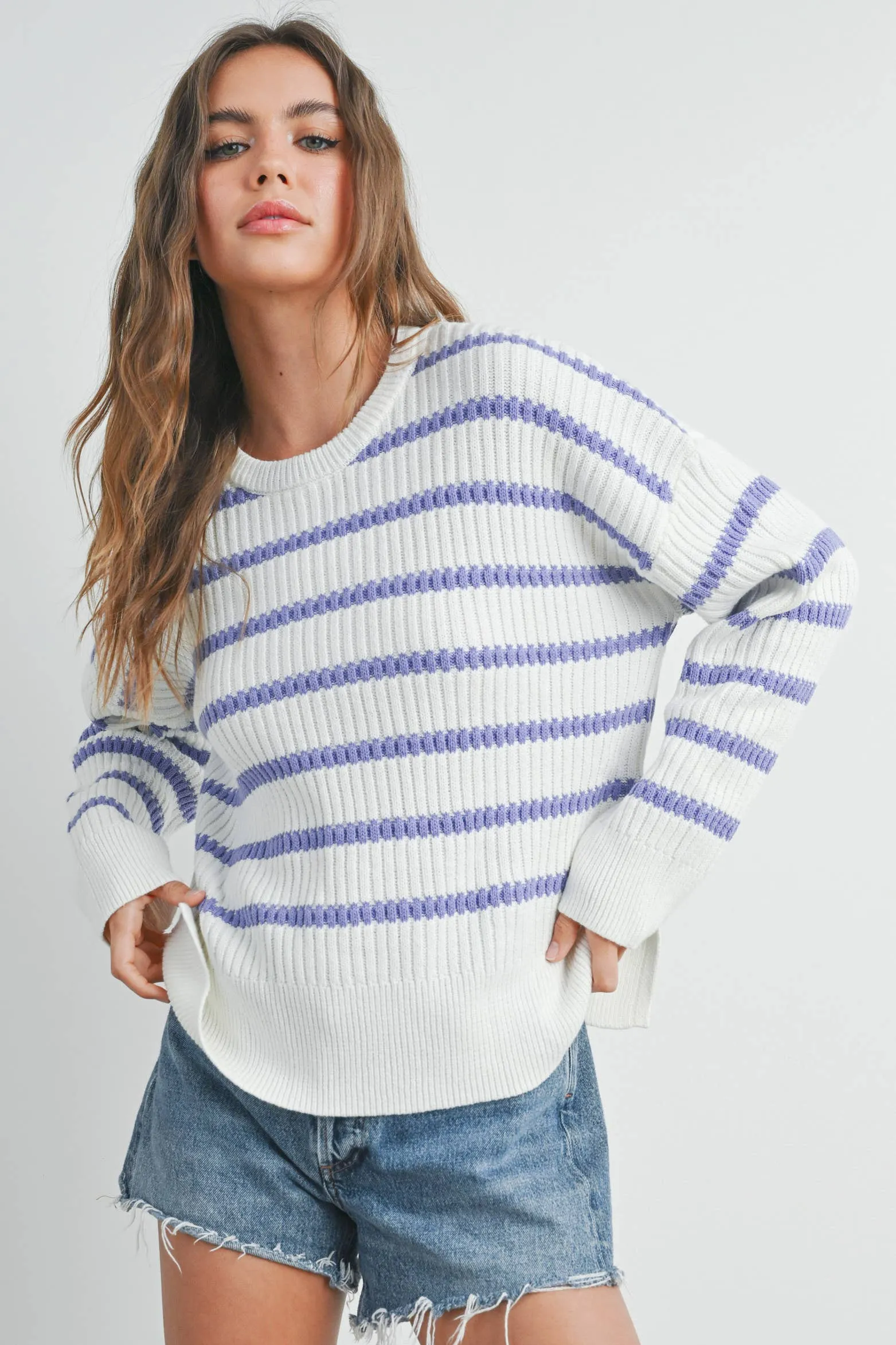 BOAT NECK STRIPED KNIT SWEATER