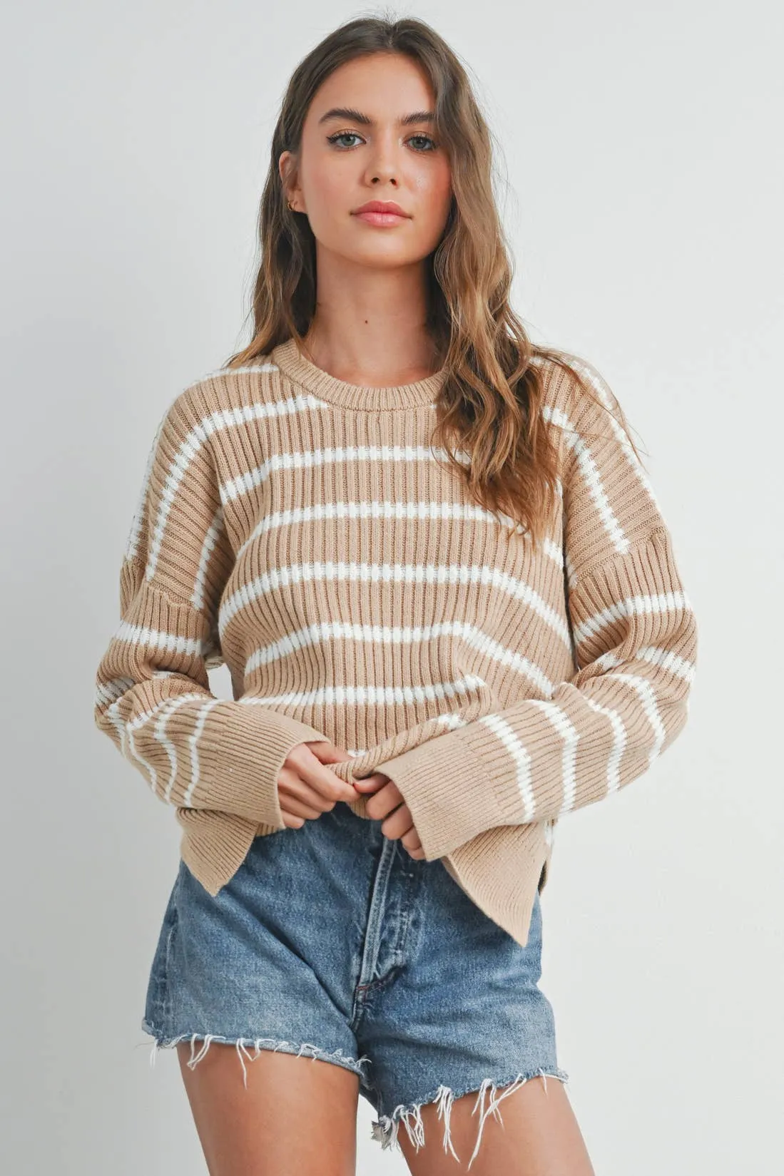 BOAT NECK STRIPED KNIT SWEATER