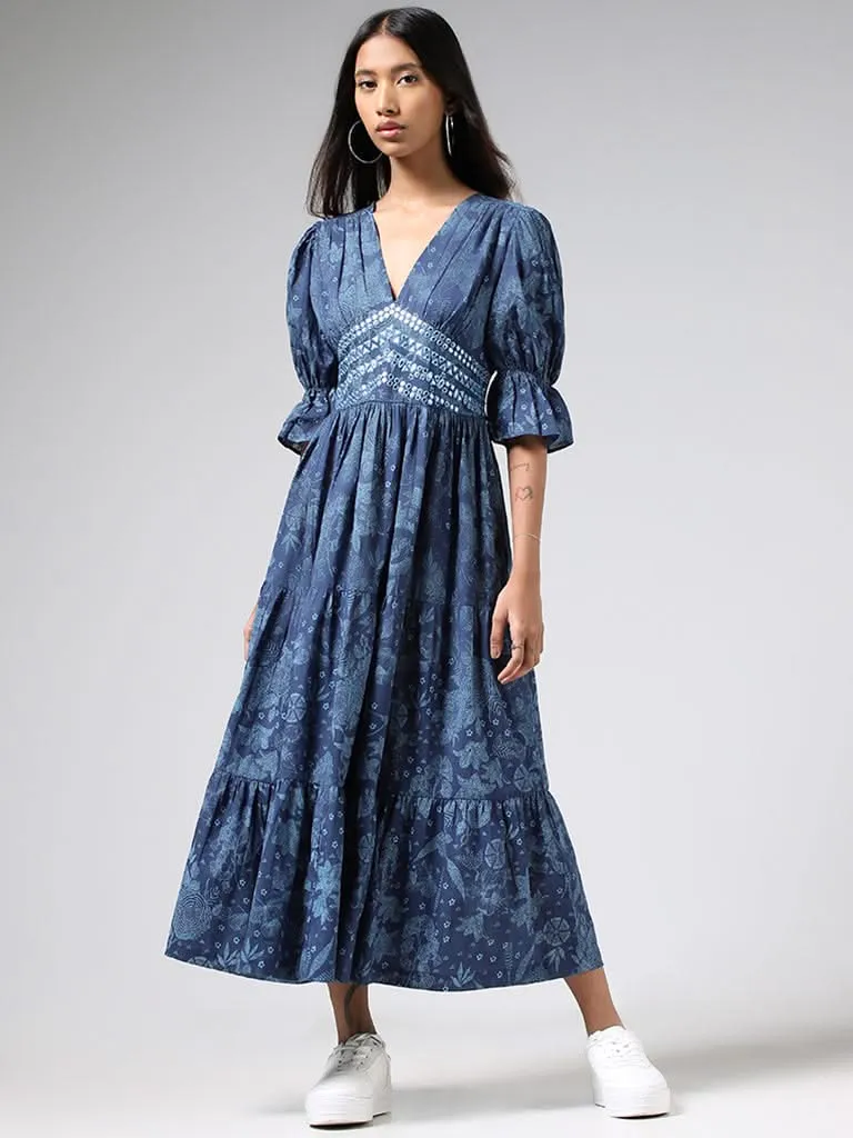 Bombay Paisley Blue Mirror Embroidered and Printed Cotton Tiered Dress