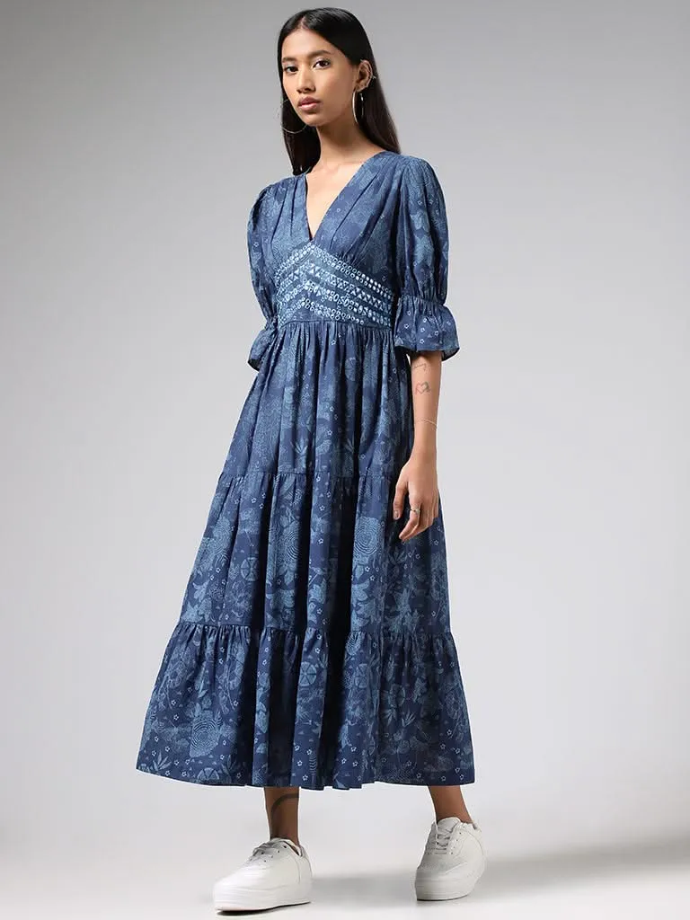 Bombay Paisley Blue Mirror Embroidered and Printed Cotton Tiered Dress