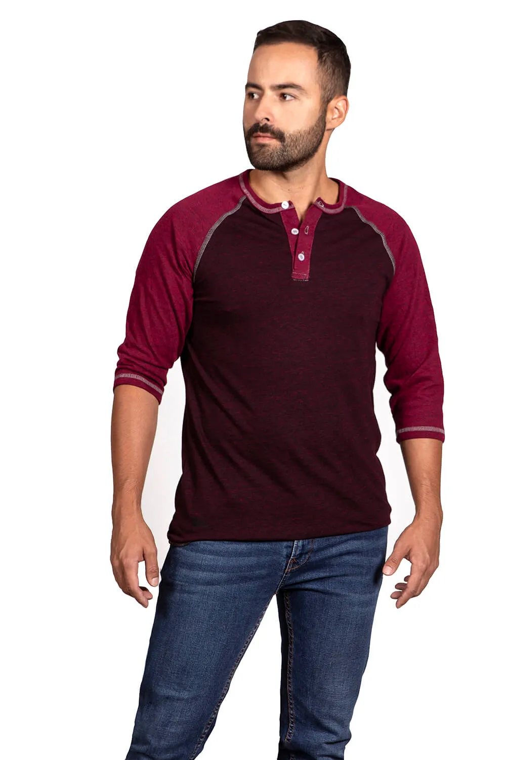 Burgundy & Cranberry Contrast 3/4 Raglan Sleeve Henley - Made In USA