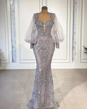 Charming Beading Sweetheart Floor-Length Mermaid Long Sleeve Prom, Evening Dress