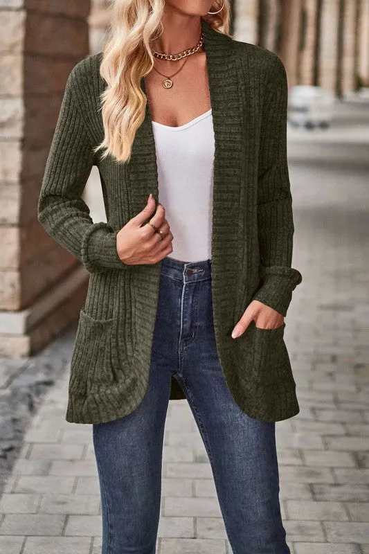 Chasing You - Army Green Casual Patchwork Long Sleeved Cardigan