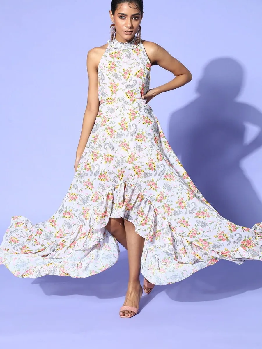 Cream Floral Printed High-Low Ruffled Dress