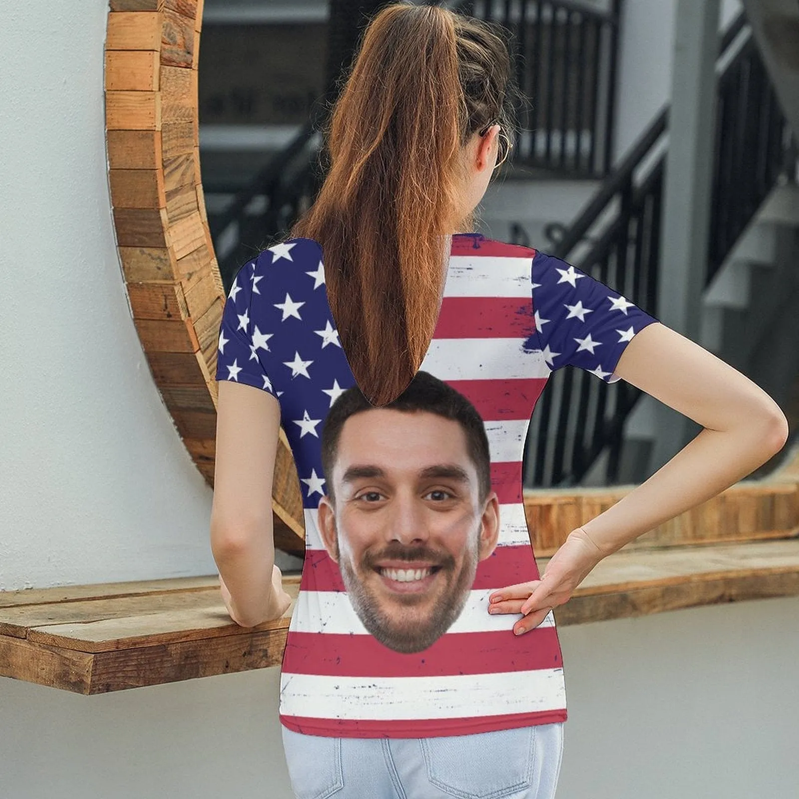 Custom Face T-shirt American Flag Women's V-Neck Shirt Graphic Design Tee for Independence Day