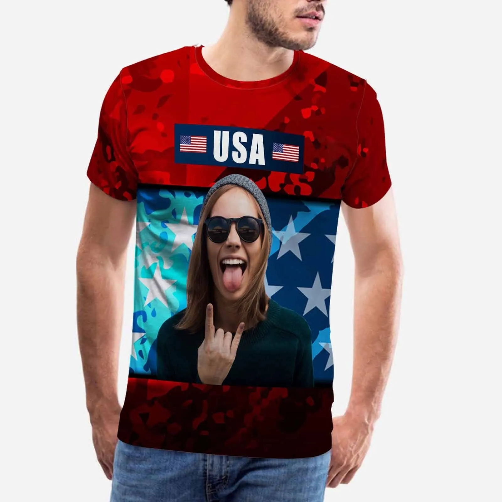 Custom Photo Tee USA Flag Men's All Over Print T-shirt Personalized Your Face on A Shirt