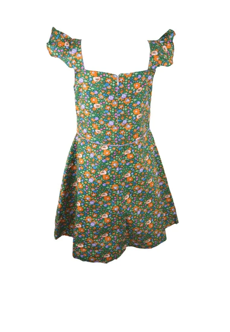 Dress Square Neck Flat Strap With Ruffles Bias Skirt With Ipit Piping On Waist Floral Printed With Lining Piping - Green