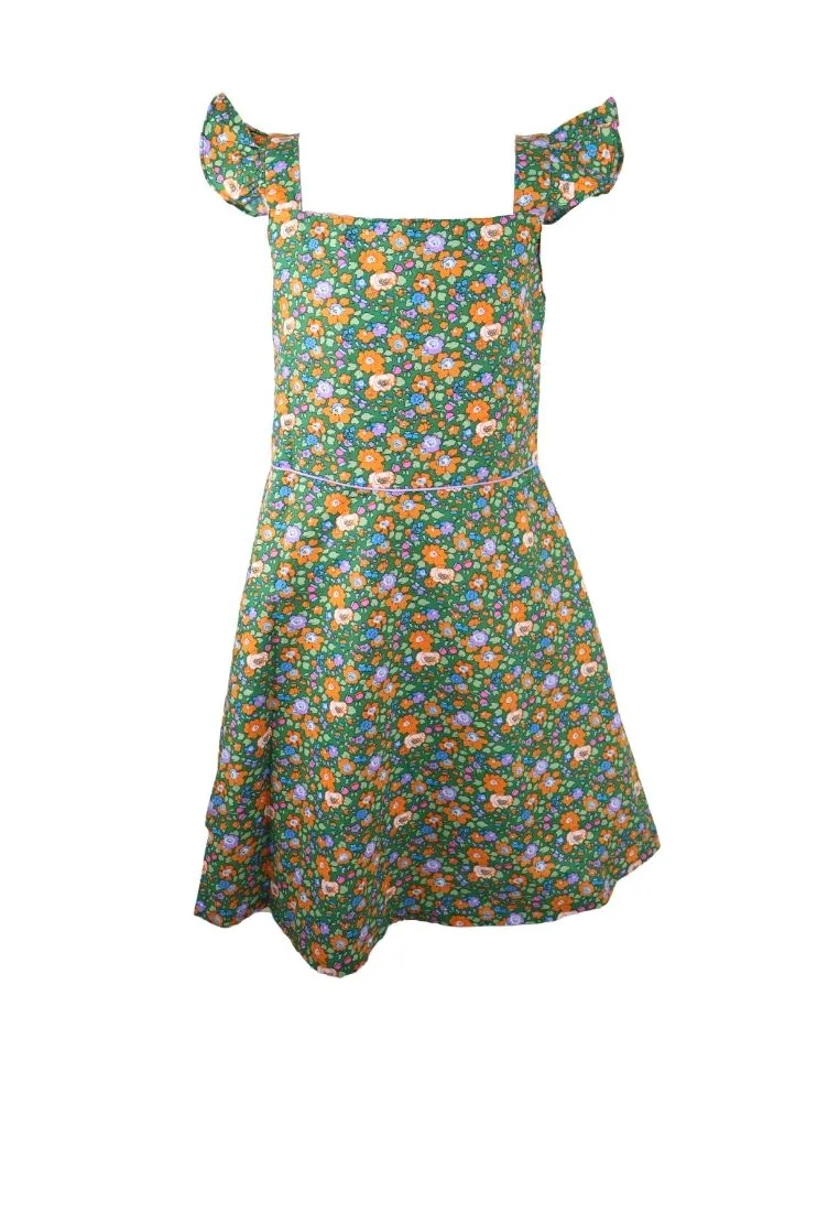 Dress Square Neck Flat Strap With Ruffles Bias Skirt With Ipit Piping On Waist Floral Printed With Lining Piping - Green