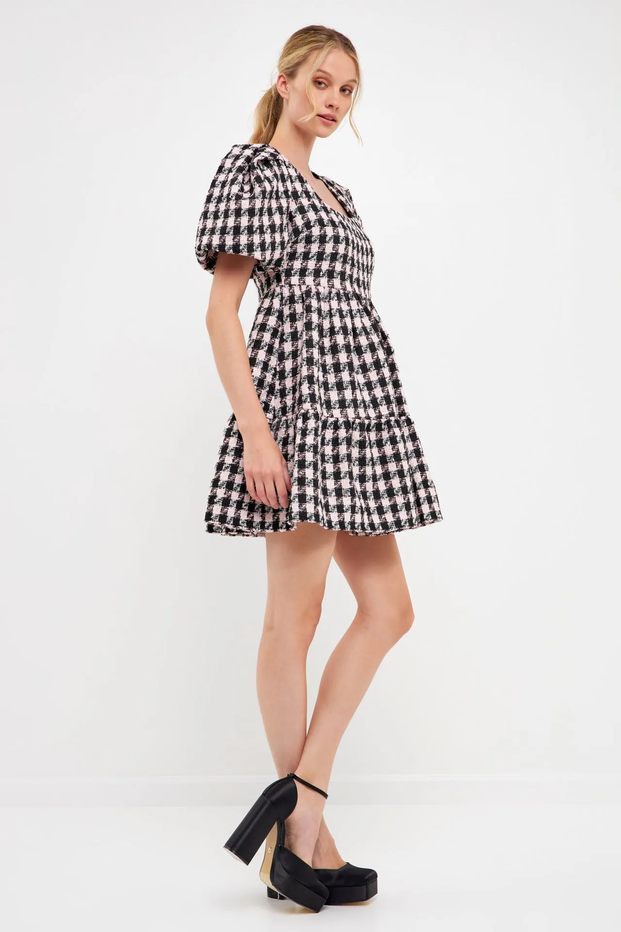 English Factory - Multi Tweed Puff Sleeve Mini Dress