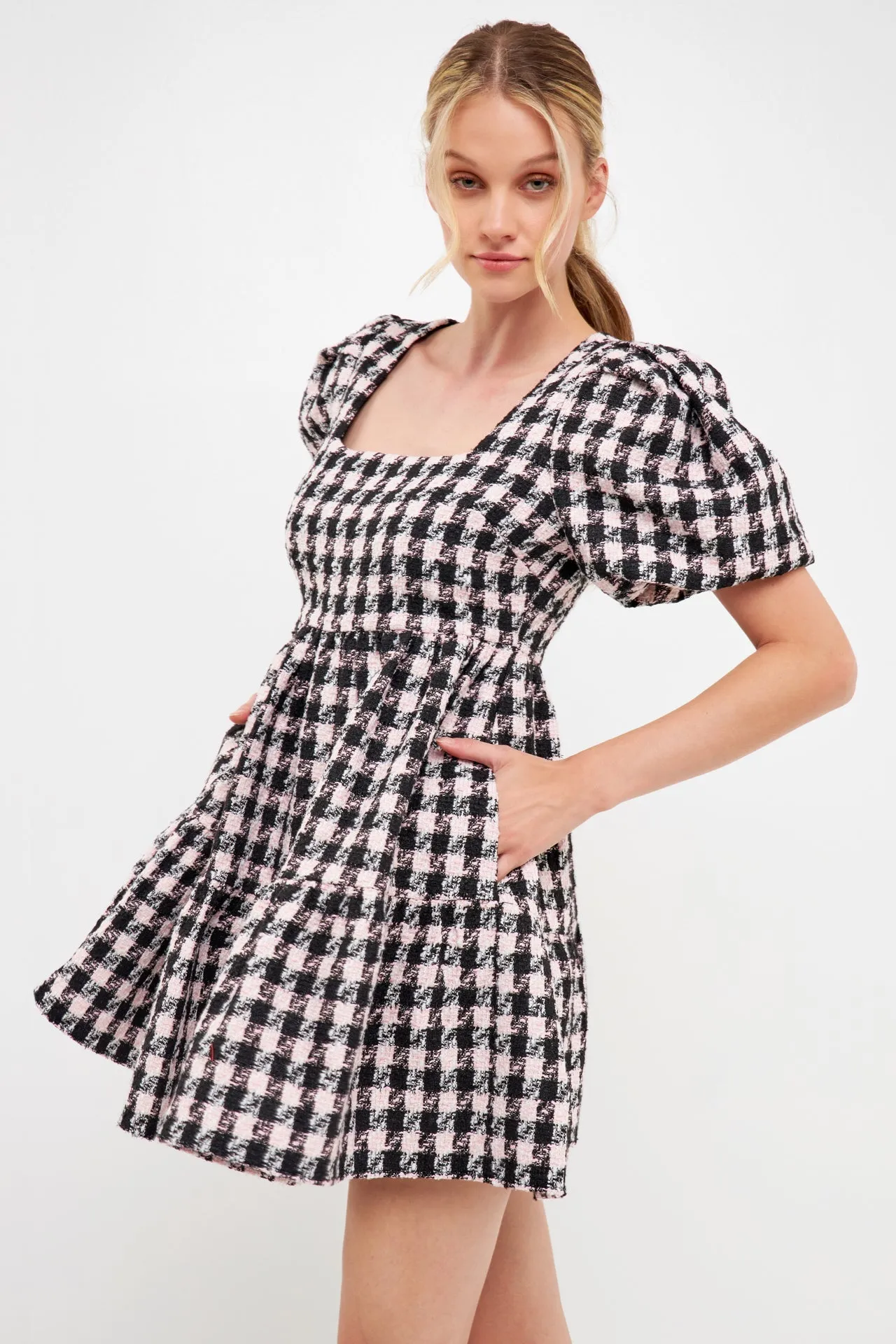 English Factory - Multi Tweed Puff Sleeve Mini Dress