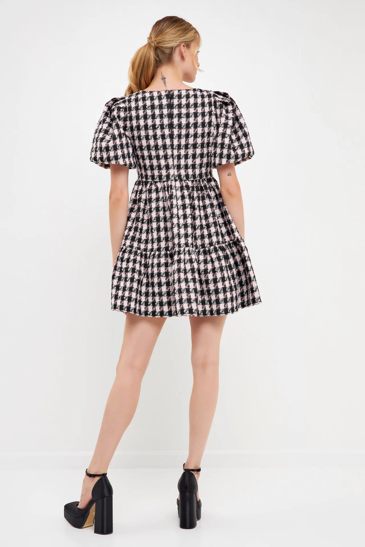 English Factory - Multi Tweed Puff Sleeve Mini Dress