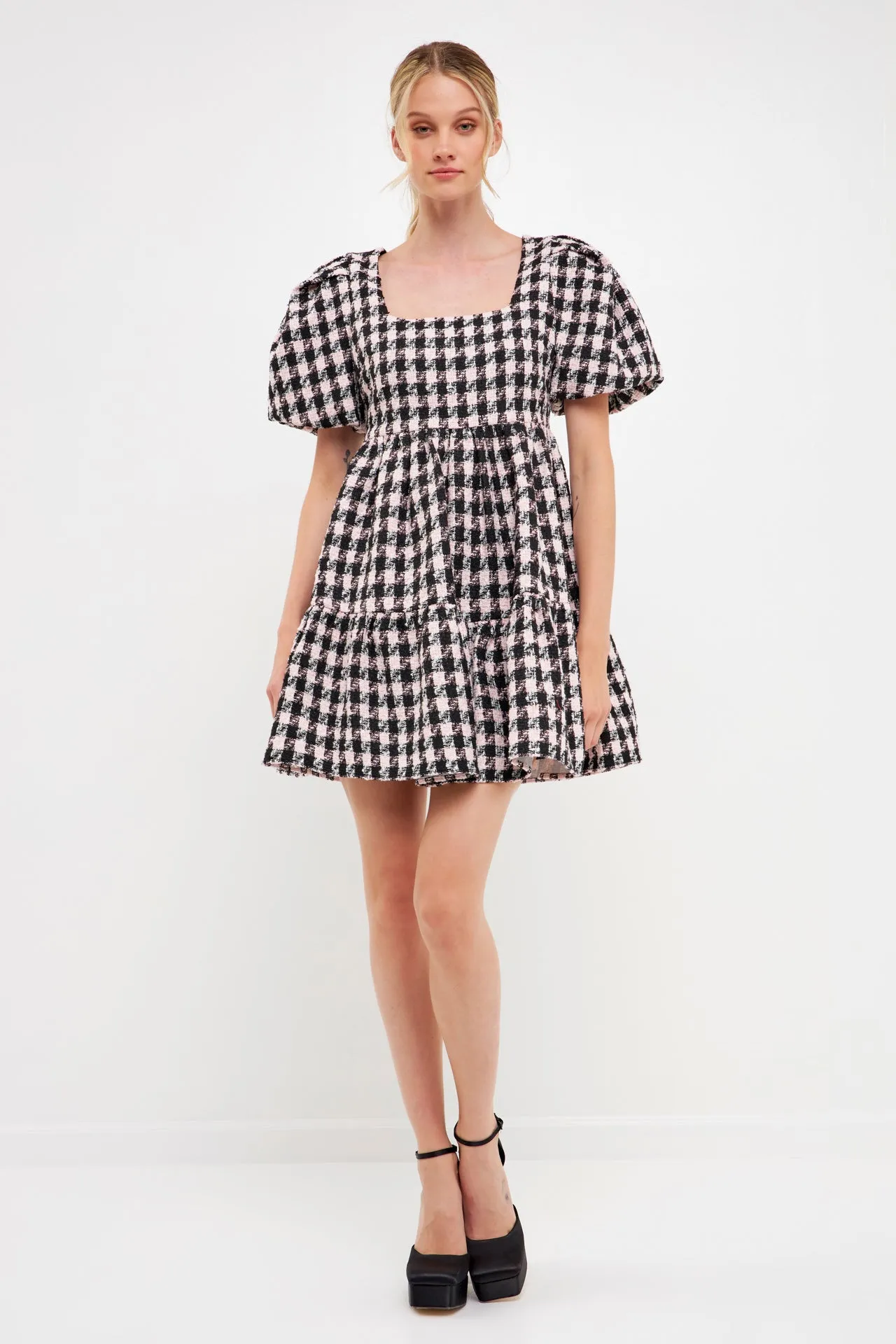 English Factory - Multi Tweed Puff Sleeve Mini Dress