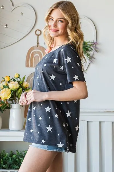 Full Size Star Print Asymmetrical Neck Short Sleeve Top