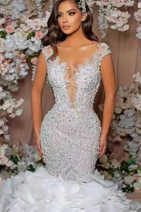 Glamorous Cap Sleeve Mermaid Wedding Dress with Lace Appliques and Ruffle