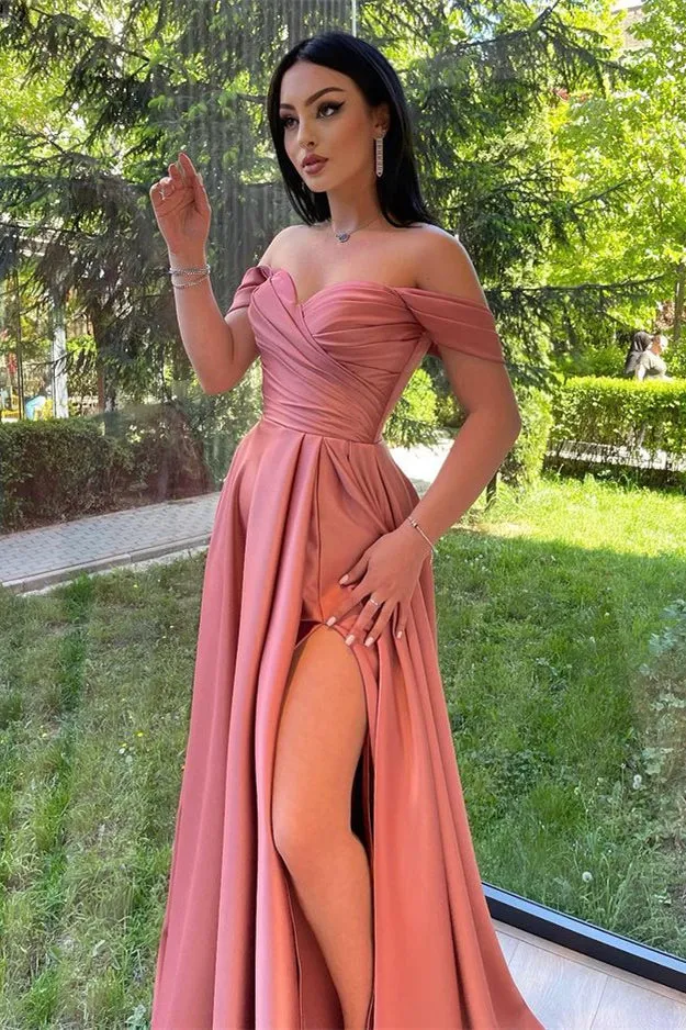 Glamorous Dusty Rose Off-Shoulder Evening Gown with Front Split and Sweetheart Neckline