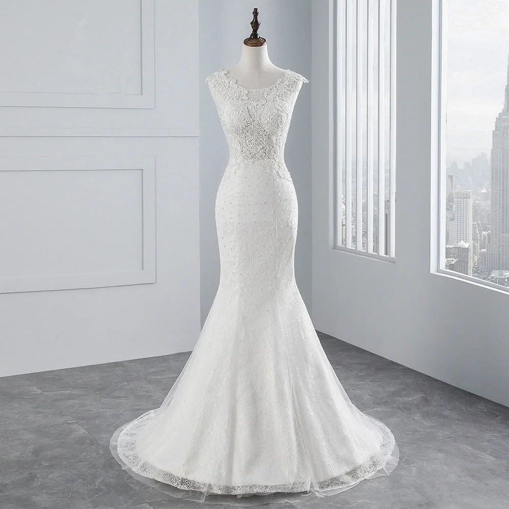 Glamorous Long Mermaid Tulle Appliques Lace Wedding Dress