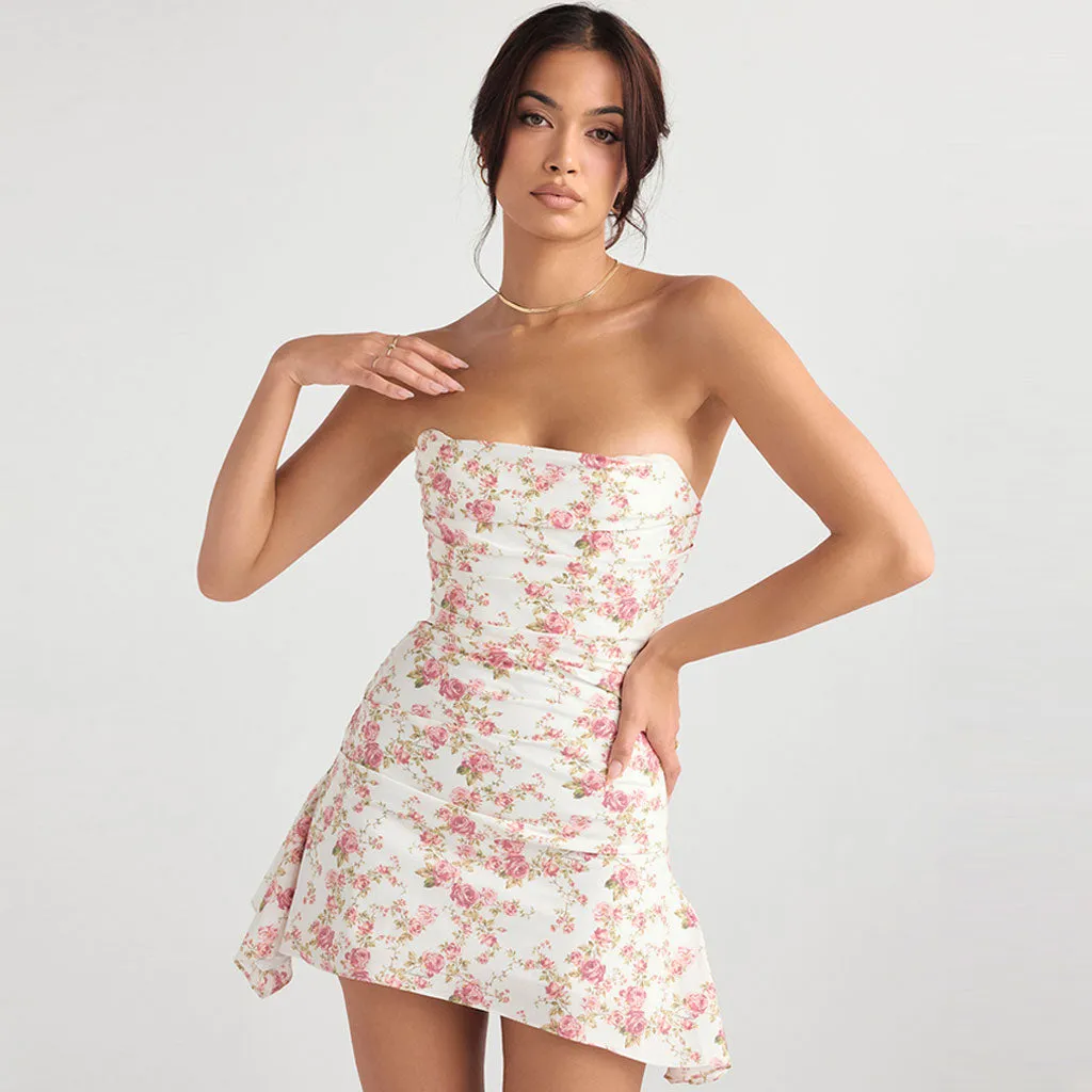 Glamorous Rose Printed Asymmetrical Ruched Strapless Corset Mini Dress - Floral