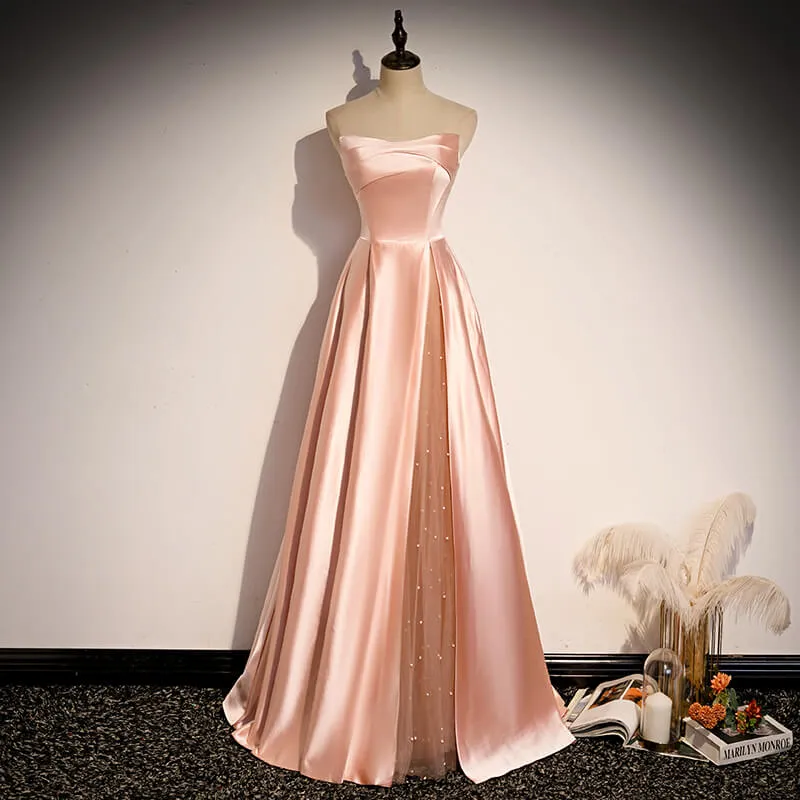 Glamorous Strapless Pink Prom Dresses Satin Long Party Dress Formal Prom Dresses