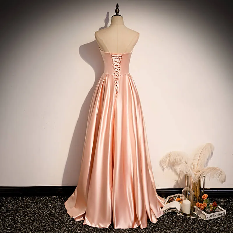 Glamorous Strapless Pink Satin Long Party Dress Formal Prom Dresses