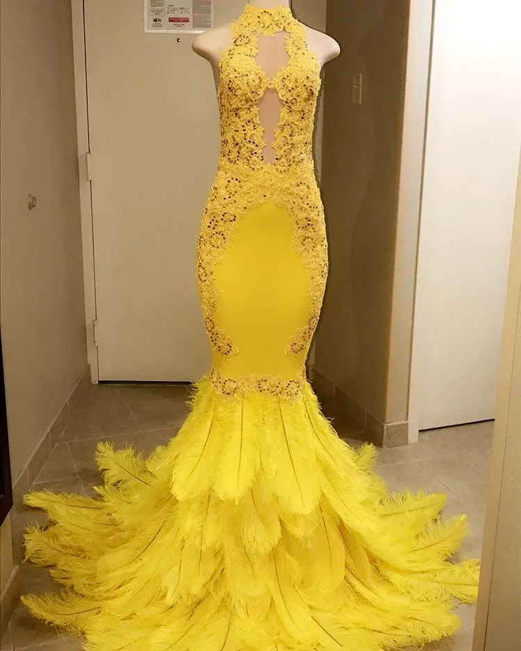 Gorgeous Yellow High-Neck Mermaid Prom Dress | Lace Sequins Evening Gowns With Feather BK0