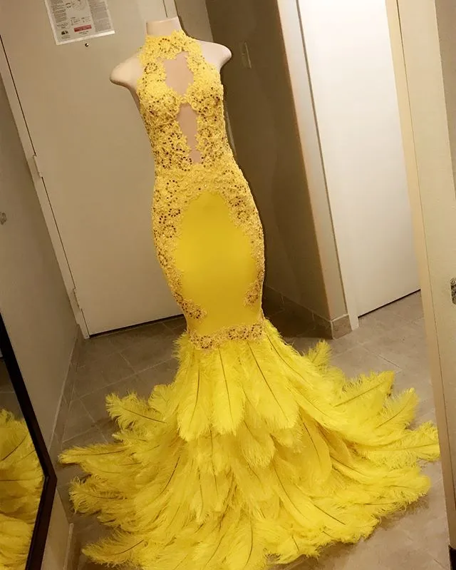 Gorgeous Yellow High-Neck Mermaid Prom Dress | Lace Sequins Evening Gowns With Feather BK0