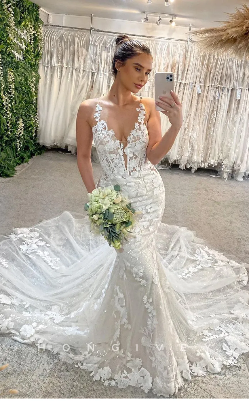 H0841 - Fully Floral Appliqued Plunging Illusion Mermaid With Tulle Train Rustic Wedding Dress