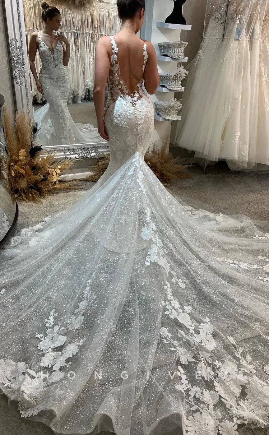 H0841 - Fully Floral Appliqued Plunging Illusion Mermaid With Tulle Train Rustic Wedding Dress