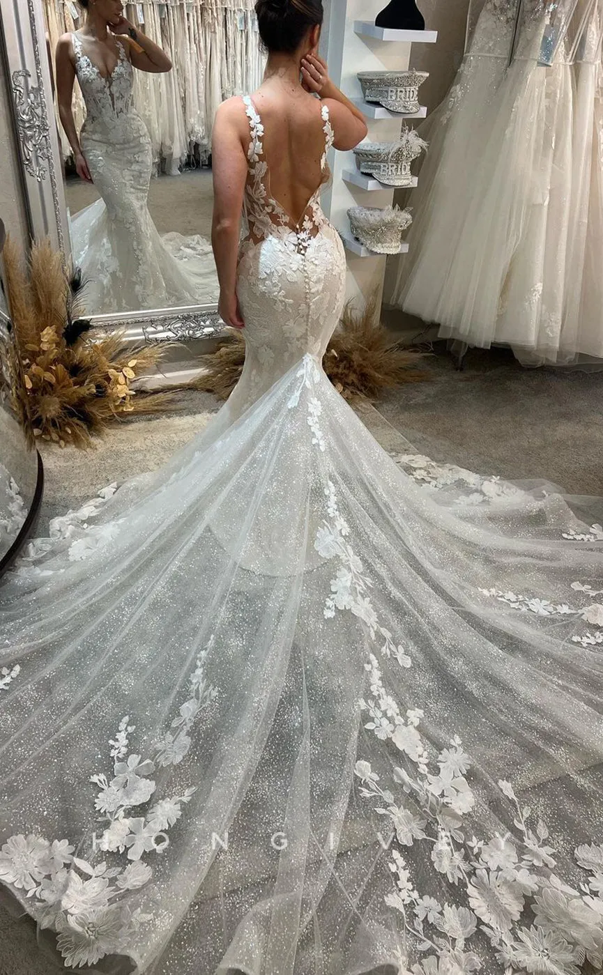 H0841 - Fully Floral Appliqued Plunging Illusion Mermaid With Tulle Train Rustic Wedding Dress