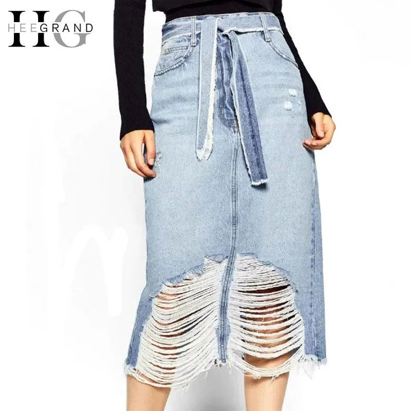 HEE GRAND Women Denim Skirt Fashion A-Line Solid Jeans Skirts Women For Autumn High Waist Casual Skirt With Holes WQB863