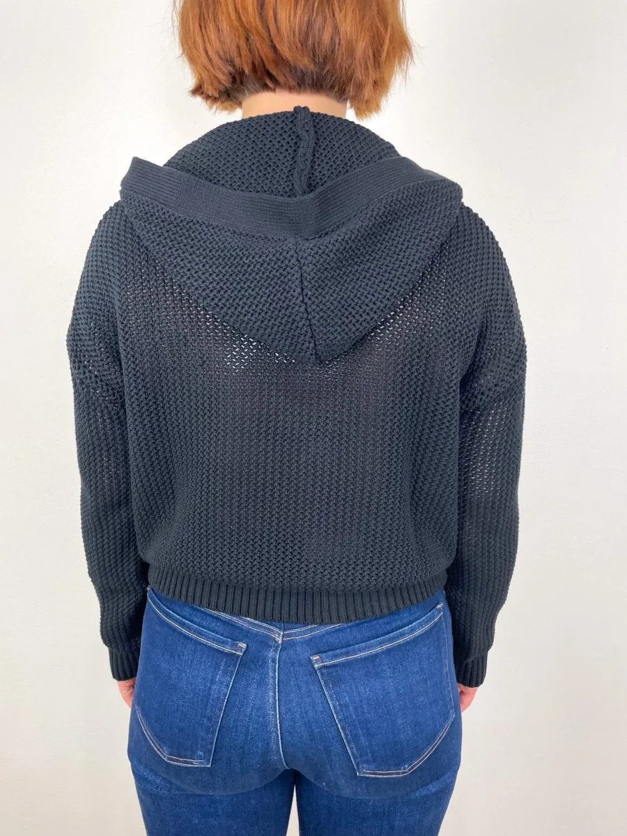 Hooded Split Neck Sweater in Black