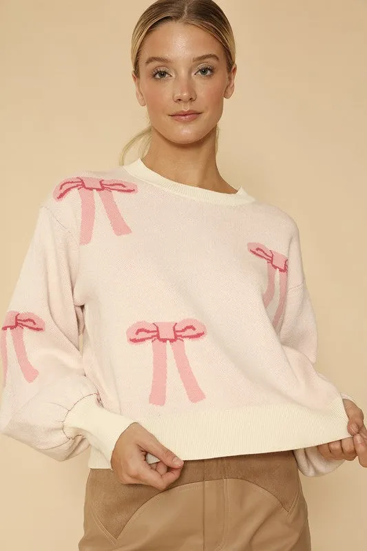 Hot Girl Bow Design Knit Sweater In Cream