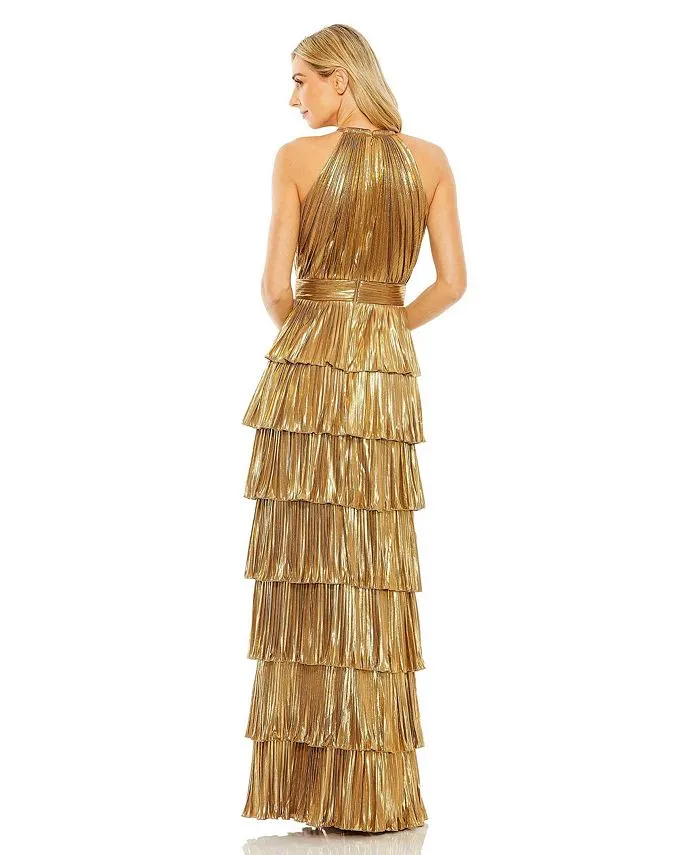 Ieena Heat Mac Duggal Women's Metallic Ruffle Pleated Dress in Gold