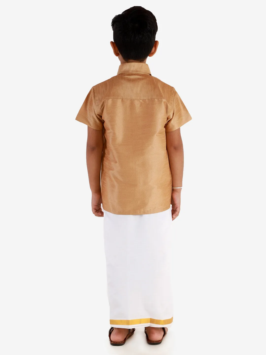 Jashvi Men's & Boys Rose Gold Solid Silk Blend Half Sleeve Ethnic Shirt And Mundu Set