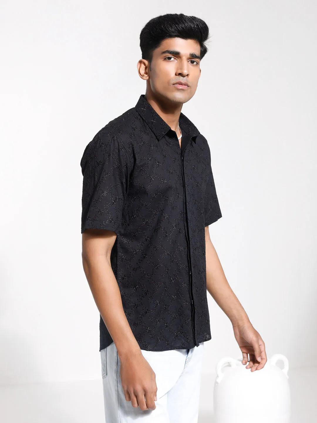 Jashvi Men's Black Cotton Ethnic Shirt