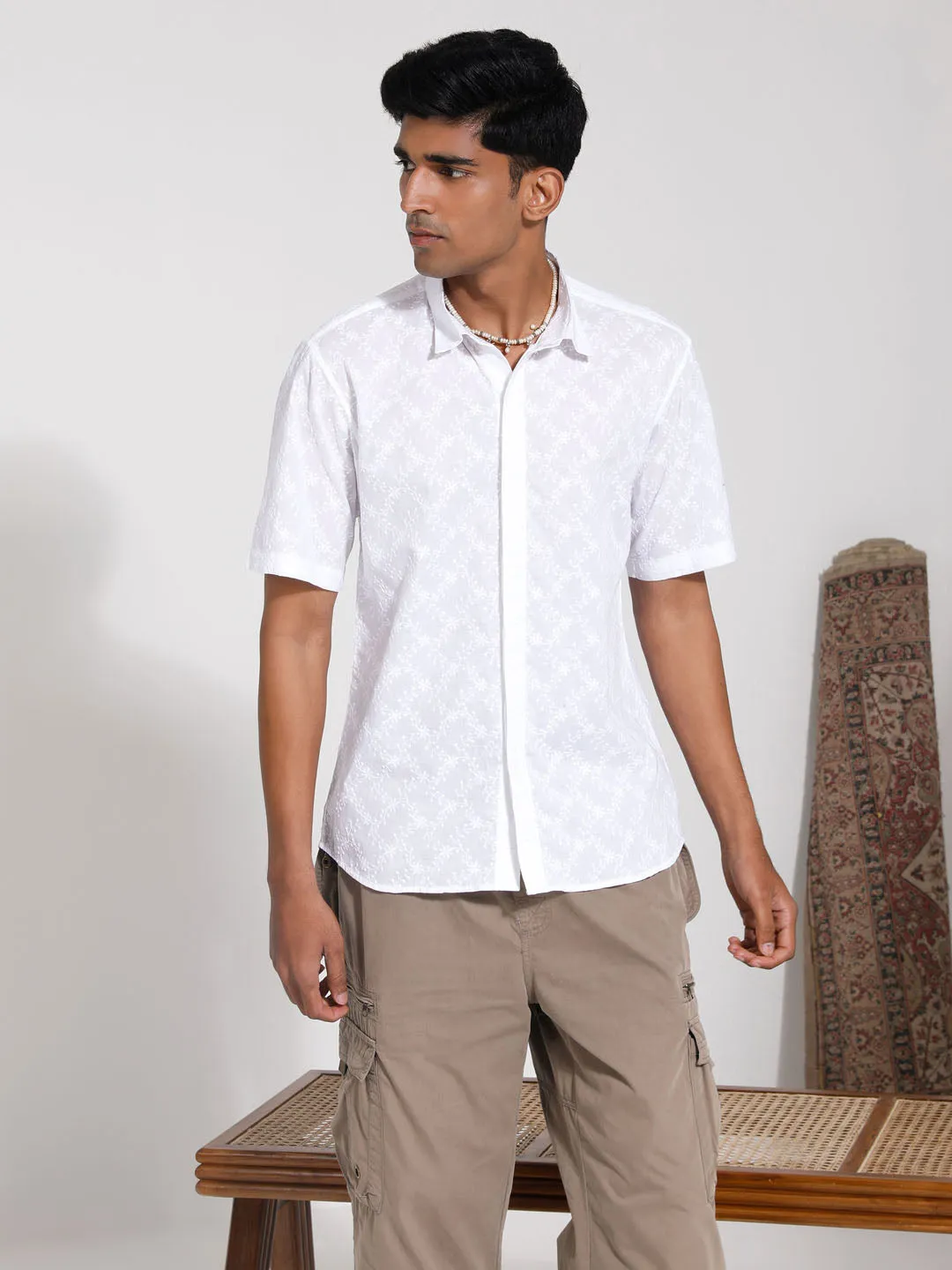 Jashvi Men's White Cotton Ethnic Shirt